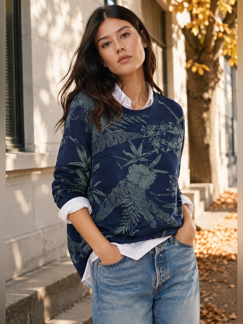 Wallace and Barnes Navy Crewneck Sweater with Light Blue Floral Print